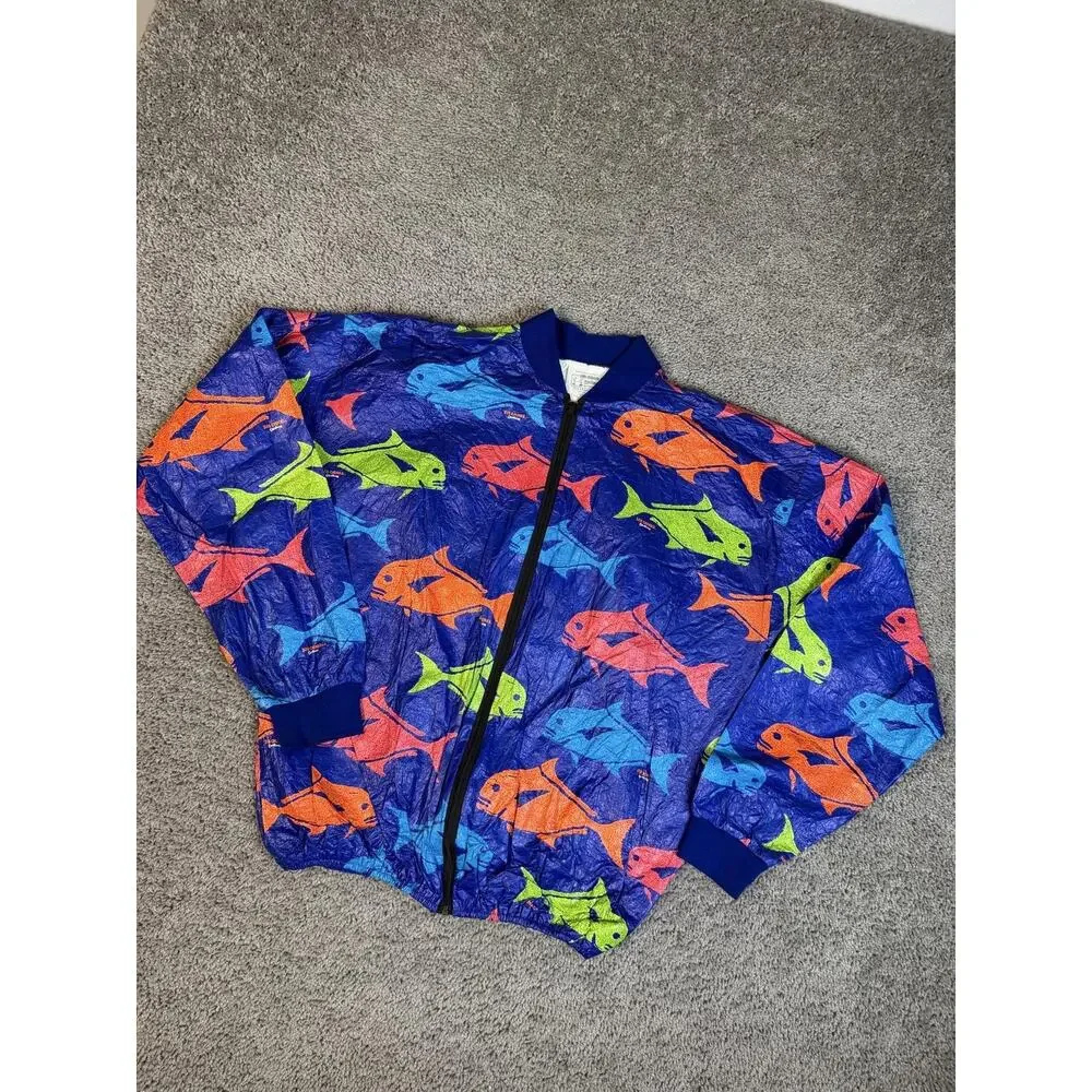 VTG Bob Chinn's CrabHouse Jacket Mens L Blue Bomber Tyvek Full Zip Lightweight